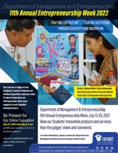 Entrepreneurship Week July 22nd, 2022 Online Exposition 9:00 AM https://lnkd.in/eqWsJ5eV